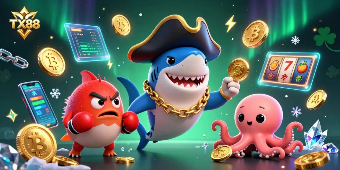 Engage with TX88's vibrant casino atmosphere featuring 3D characters and crypto elements.