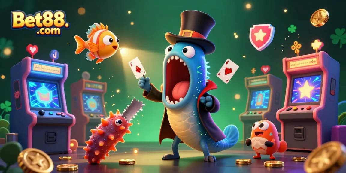 Experience thrilling adventures with Bet88. com in this vibrant 3D casino illustration.