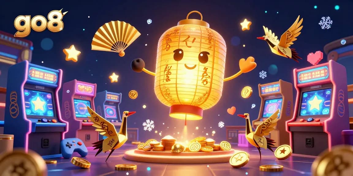 Engage with go8's vibrant gaming universe featuring golden lantern spirits and dynamic casino elements.