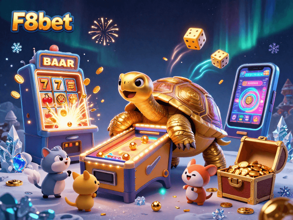 Play exciting games at F8bet, a vibrant scene with a colossal golden tortoise and slot machine celebrating big wins.