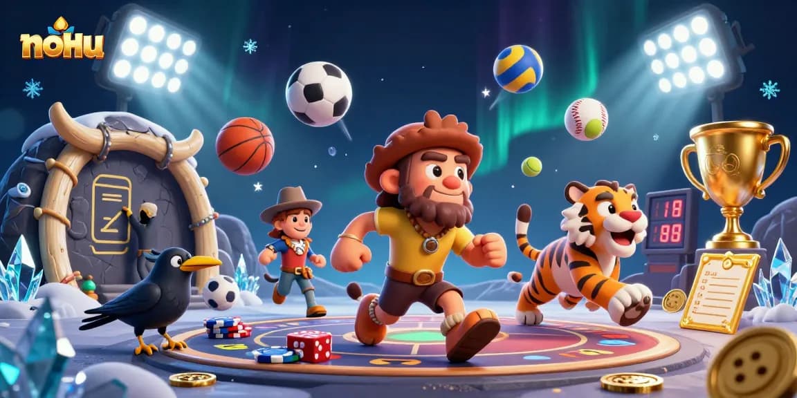 Nohu showcases a 3D caveman casino with sabertooth, sports balls, and rich graphics.