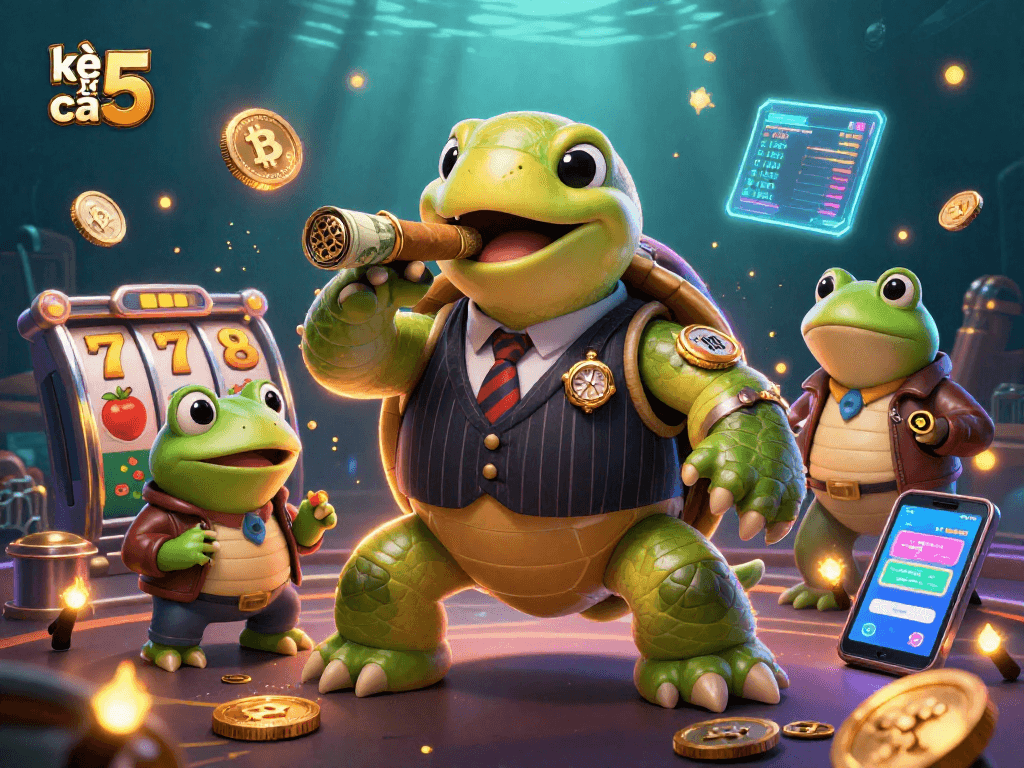 Bet on kèo nhà cái 5 in a colorful casino with a turtle mobster and bullfrog enforcers.
