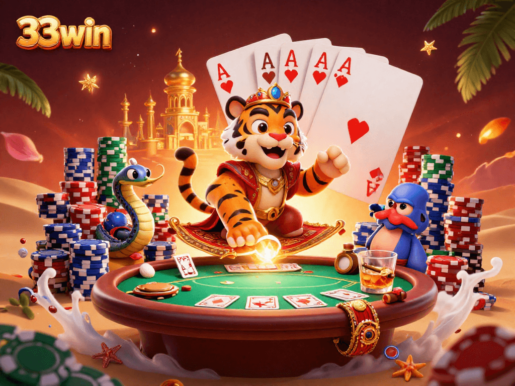 Experience the excitement of 33win as a tiger sultan enhances your poker game with vibrant casino elements.