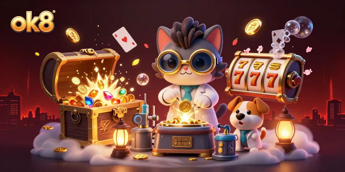 Experience the excitement of ok8 with a mad scientist cat creating a gold-coin replicating machine amid casino elements.