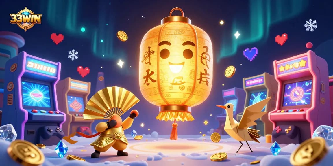 Experience exciting games at 33WIN, featuring a floating golden lantern spirit above a vivid casino scene.