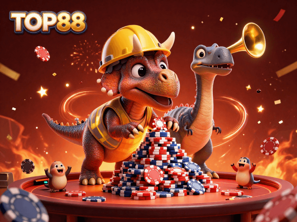 Experience the thrill of gambling with TOP88 in a vibrant casino celebration, featuring animated creatures and poker elements.