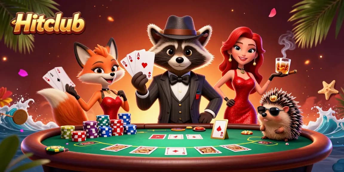 Hitclub showcases a stylish raccoon, fox, and hedgehog in a vibrant poker scene.