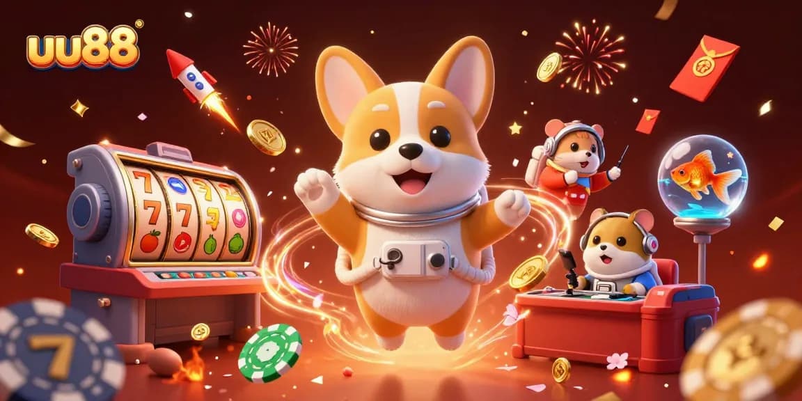 Experience thrilling wins at uu88 as a 3D corgi astronaut navigates a vibrant casino.