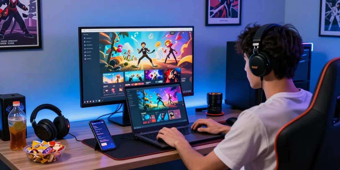 Engaged user exploring rokok88 gaming portal on a laptop with vibrant visuals.