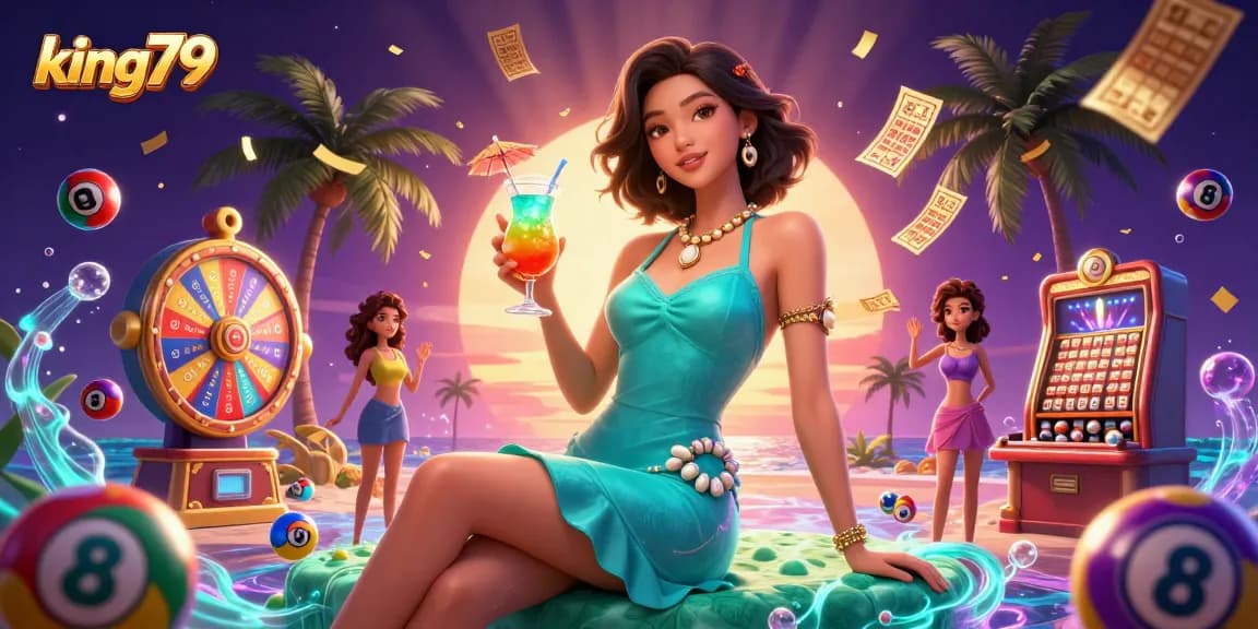Engage with king79's vibrant gaming world as you enjoy colorful lottery balls and a stunning casino scene.
