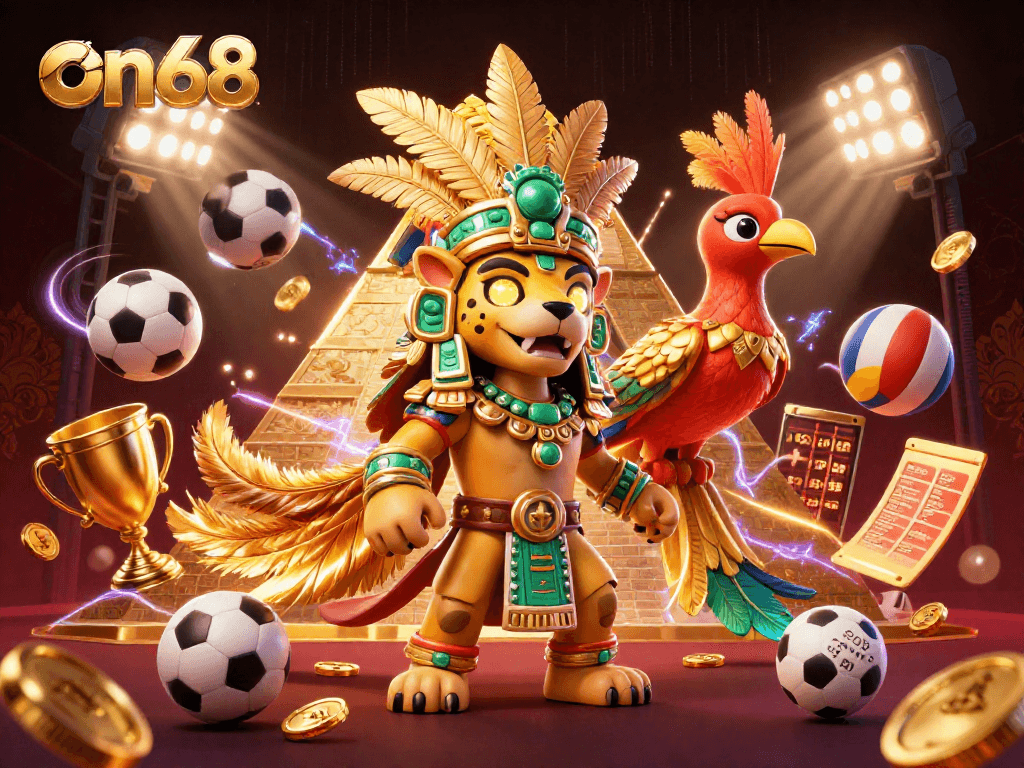 on68 engages players with a dynamic 3D casino scene featuring a jaguar priest and sports elements.