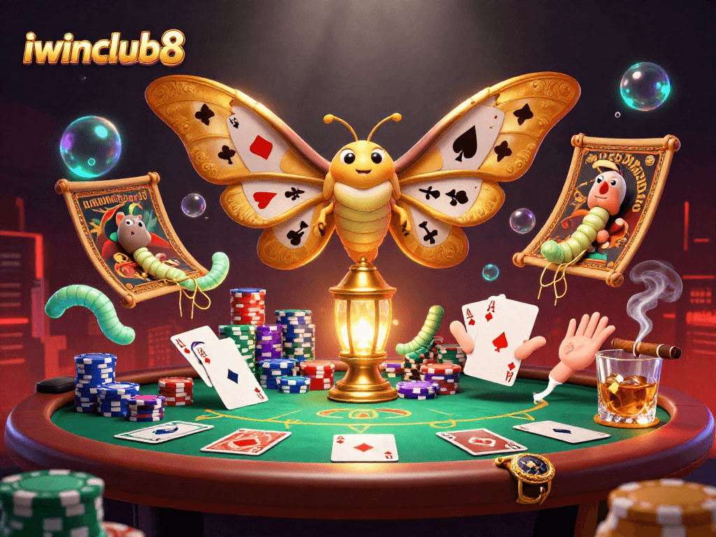 Engage with iwinclub8's vibrant 3D illustration showcasing poker excitement with golden moth and casino elements.