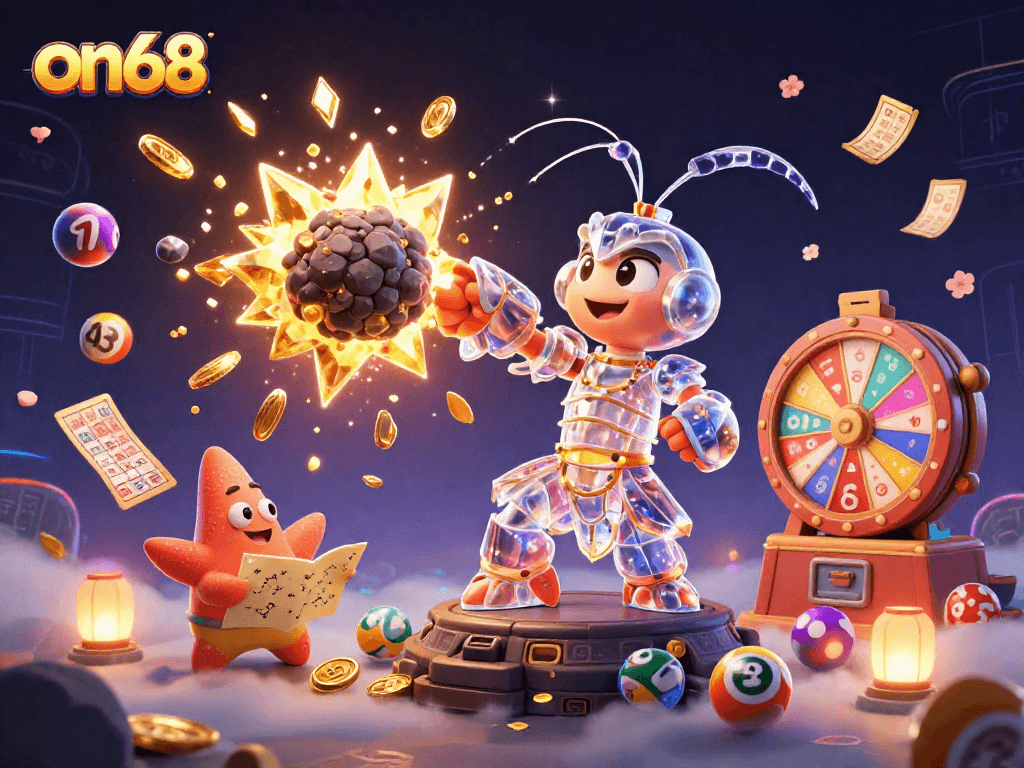 Join the excitement at on68 as our galactic samurai mantis shrimp battles through asteroids, showering gems and coins!