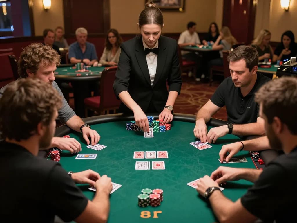 Engaged players strategizing in a Go8 poker game with colorful chips and cards at a premier casino