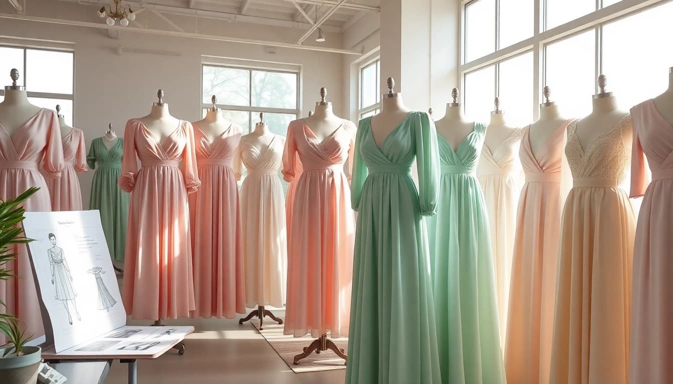 Dresses Manufacturer showcasing elegant designs in a vibrant showroom with natural sunlight.