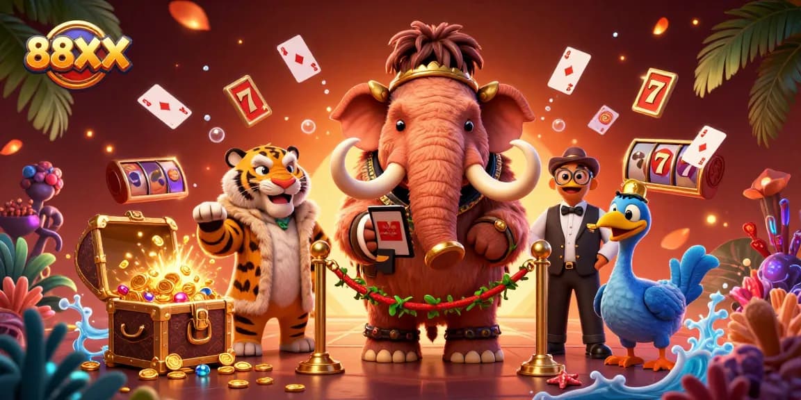 Experience thrilling gaming at 88XX with a vibrant casino scene featuring a bouncer, VIP, and dodo doorman.