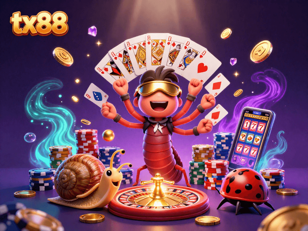 Experience thrilling tx88 action with a lively casino scene featuring a millipede dealer and a high-roller snail.