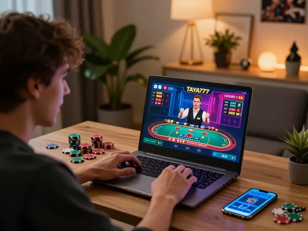 TAYA777 user enjoying live casino gameplay on a laptop at home, showcasing strategic betting.