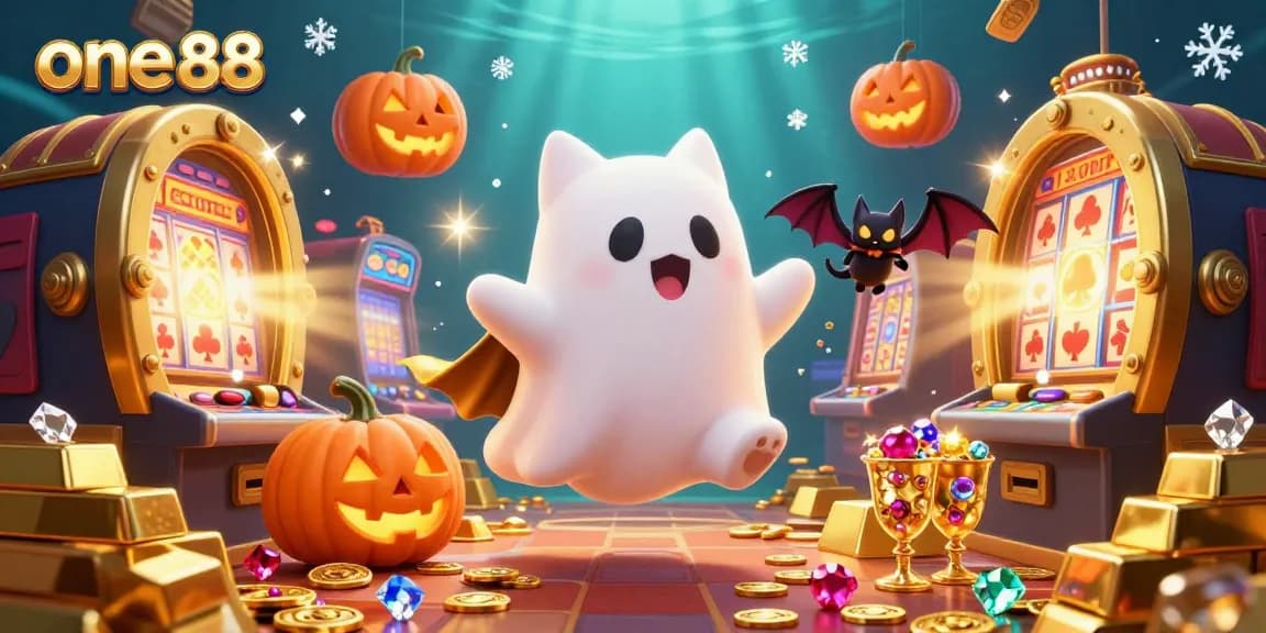 Experience vibrant gaming excitement with one88 in a haunted casino scene filled with treasures.