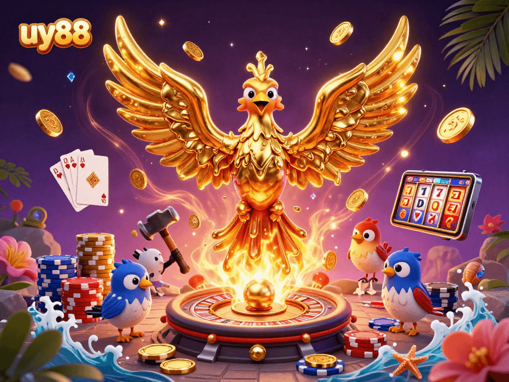 uy88 showcases a vibrant 3D casino scene with a molten gold phoenix and winning games elements.