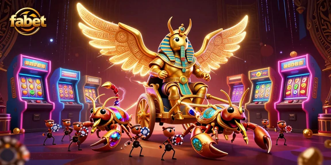 Experience fabet's thrilling casino adventure with a golden scarab and vibrant slot symbols.