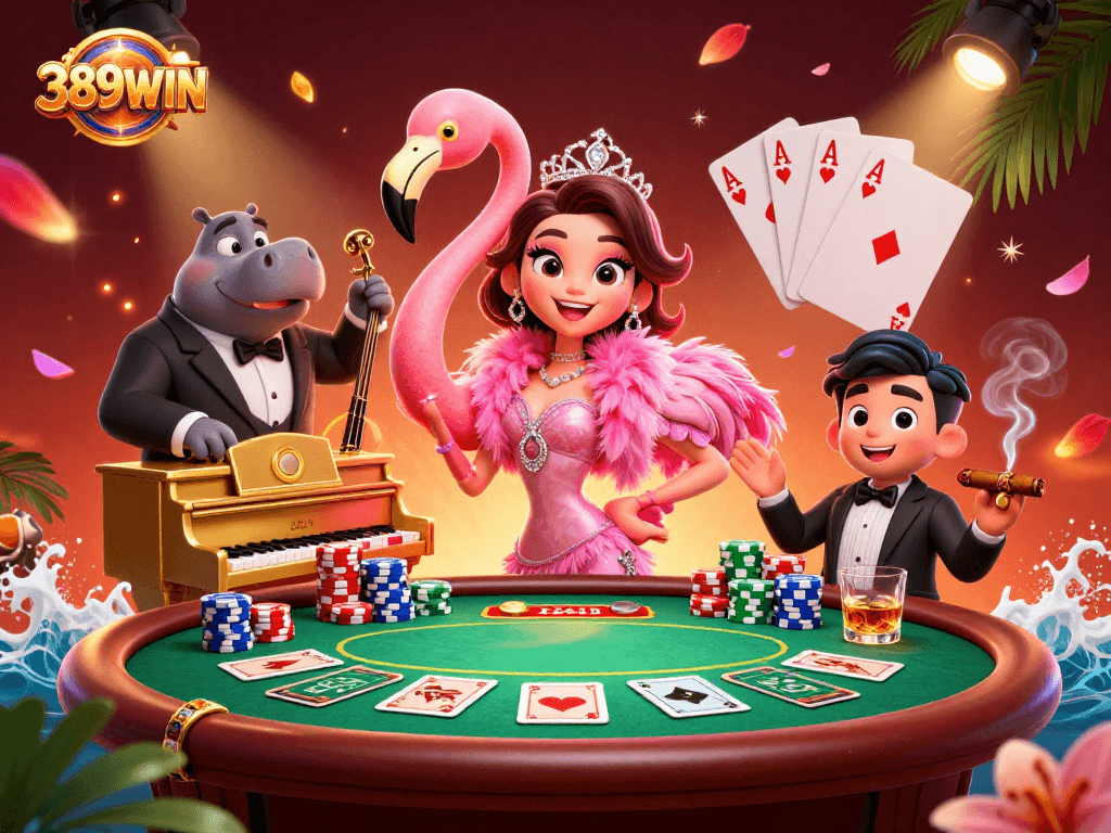 Experience the excitement of 389WIN with interactive casino elements, vibrant characters, and engaging ambiance.