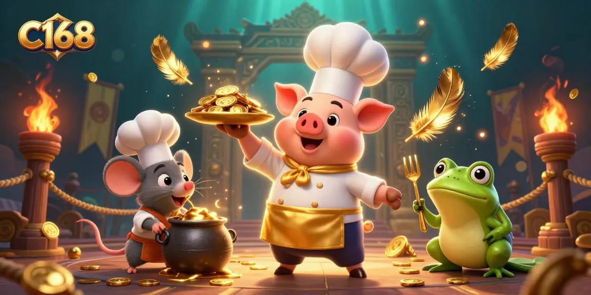 Experience the excitement of C168 with a dynamic casino scene featuring a chef pig and golden coins.