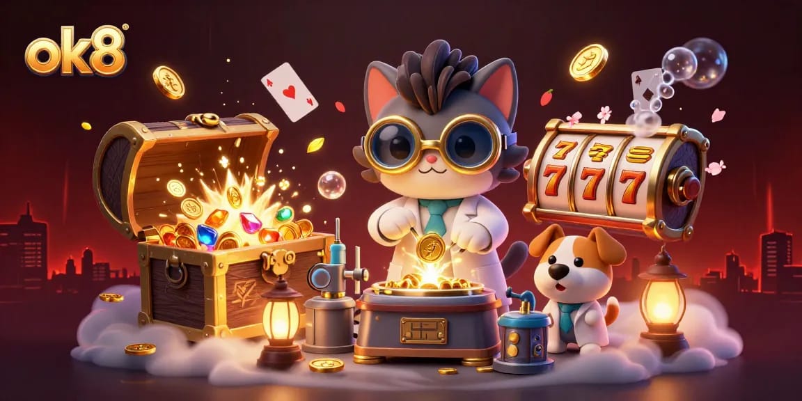 Experience the excitement of ok8 with a mad scientist cat creating a gold-coin replicating machine amid casino elements.