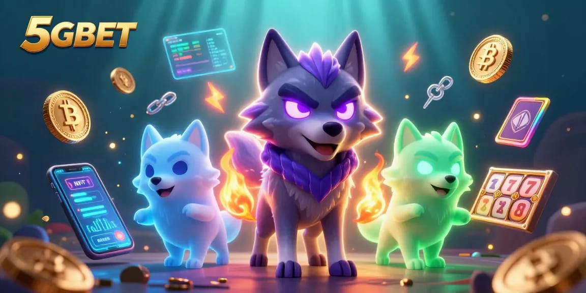 Experience thrilling slots at 5GBET with a captivating wolf pack illustration glowing in the casino realm.