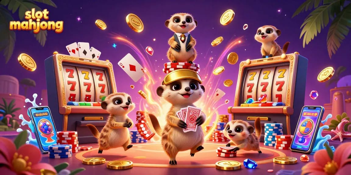 Engage with slot mahjong in a vibrant 3D casino scene featuring playful meerkats and exciting game elements.
