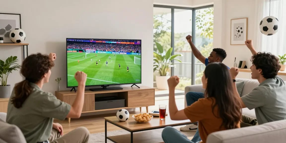 Friends enjoying the multicanais streaming experience while watching football in HD from their living room.