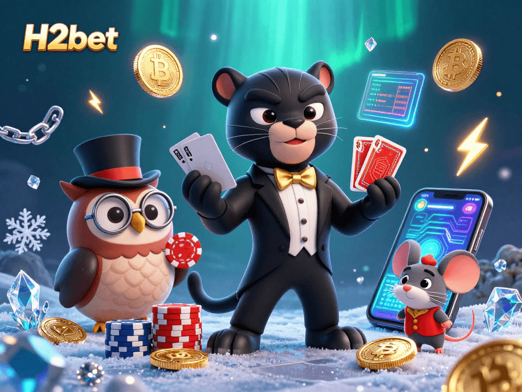Experience the action with H2bet's engaging 3D illustration featuring a tuxedoed panther and poker elements.