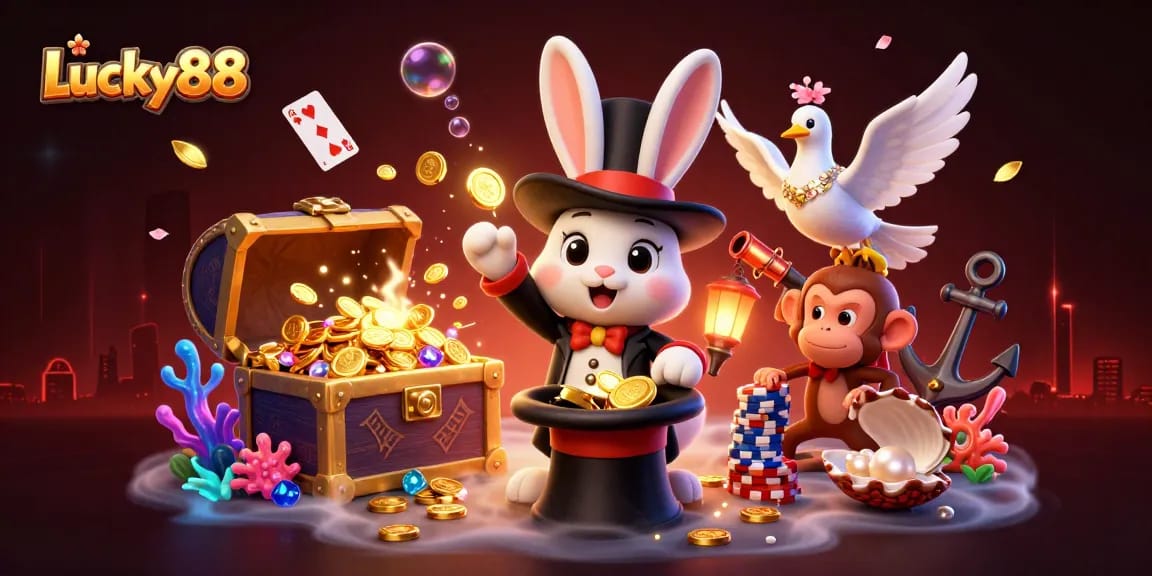 Experience thrilling wins with Lucky88 in a vibrant 3D casino scene filled with magical elements and sparkling action.