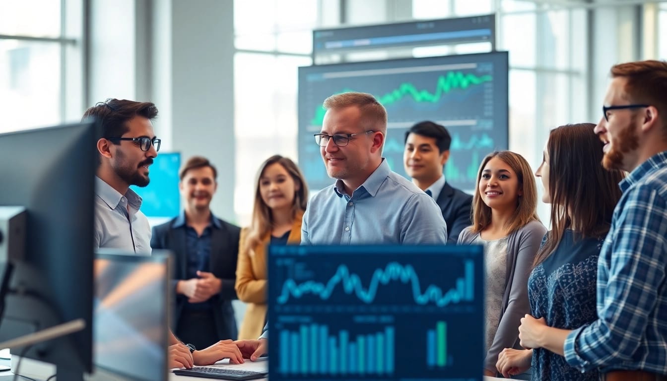 Team members using demand forecasting software to analyze data and make strategic decisions.