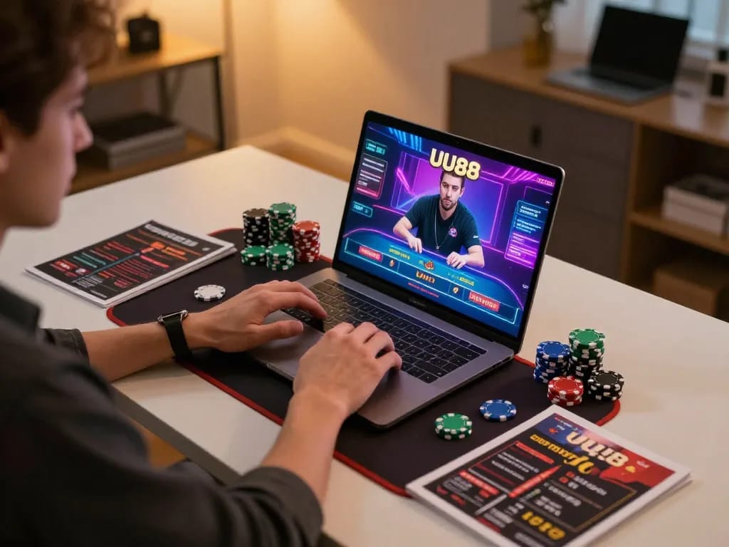 Engaging gameplay on UU88 with a focused user at home, showcasing online casino strategy.