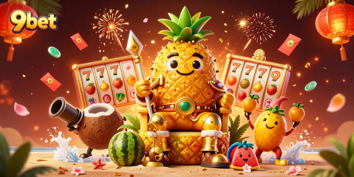 Win big with 9bet's vibrant casino scene featuring a golden pineapple king and dynamic elements.
