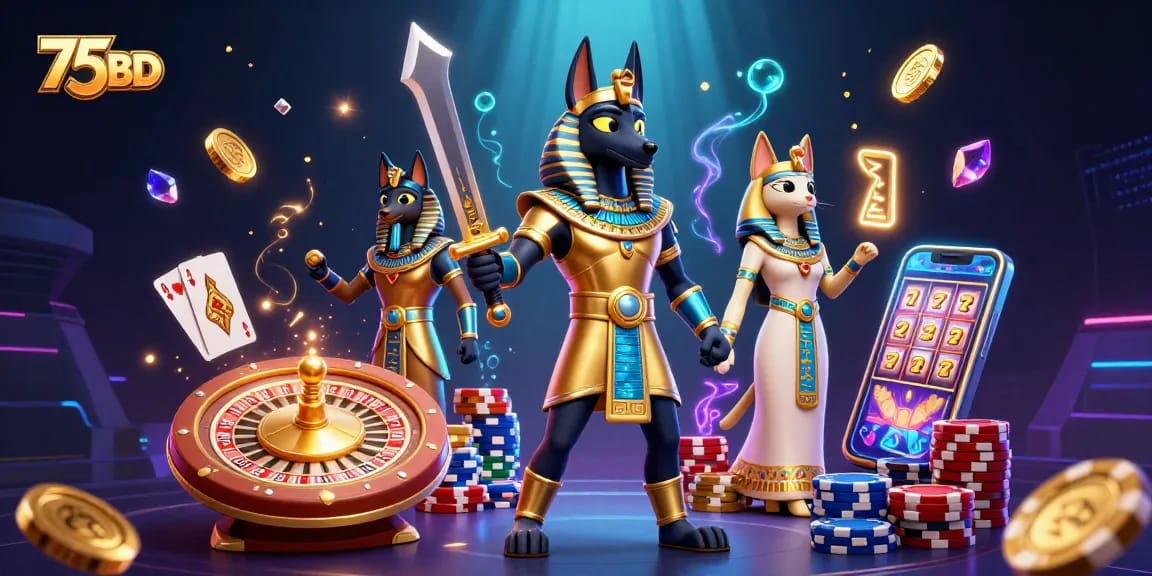 Experience thrilling gaming at 75BD with Anubis in a vibrant casino scene filled with gold and jewels.