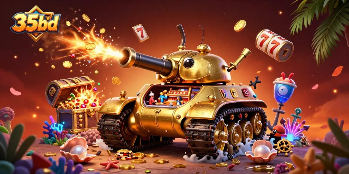 Experience the excitement of 35bd casino gaming with a dynamic 3D illustration featuring a golden beetle tank.