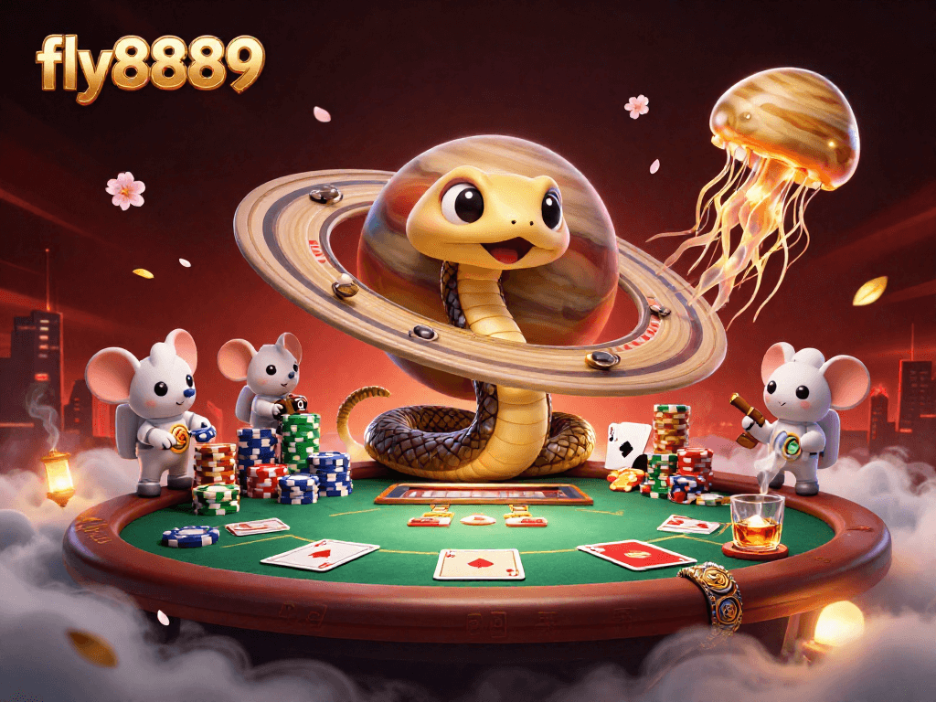 Engage with fly8889 in a thrilling cosmic casino scene featuring a Saturn ring snake roulette and astronaut mice betting.