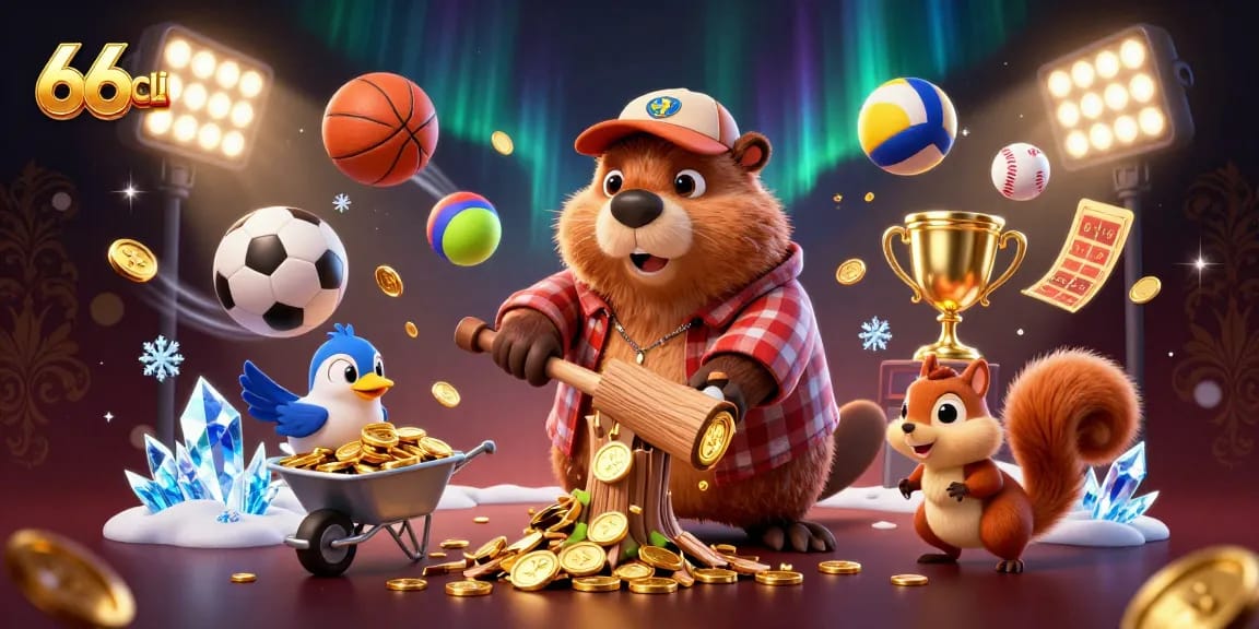 Engage with winning strategies at 66club, featuring a vibrant casino scene with playful characters.