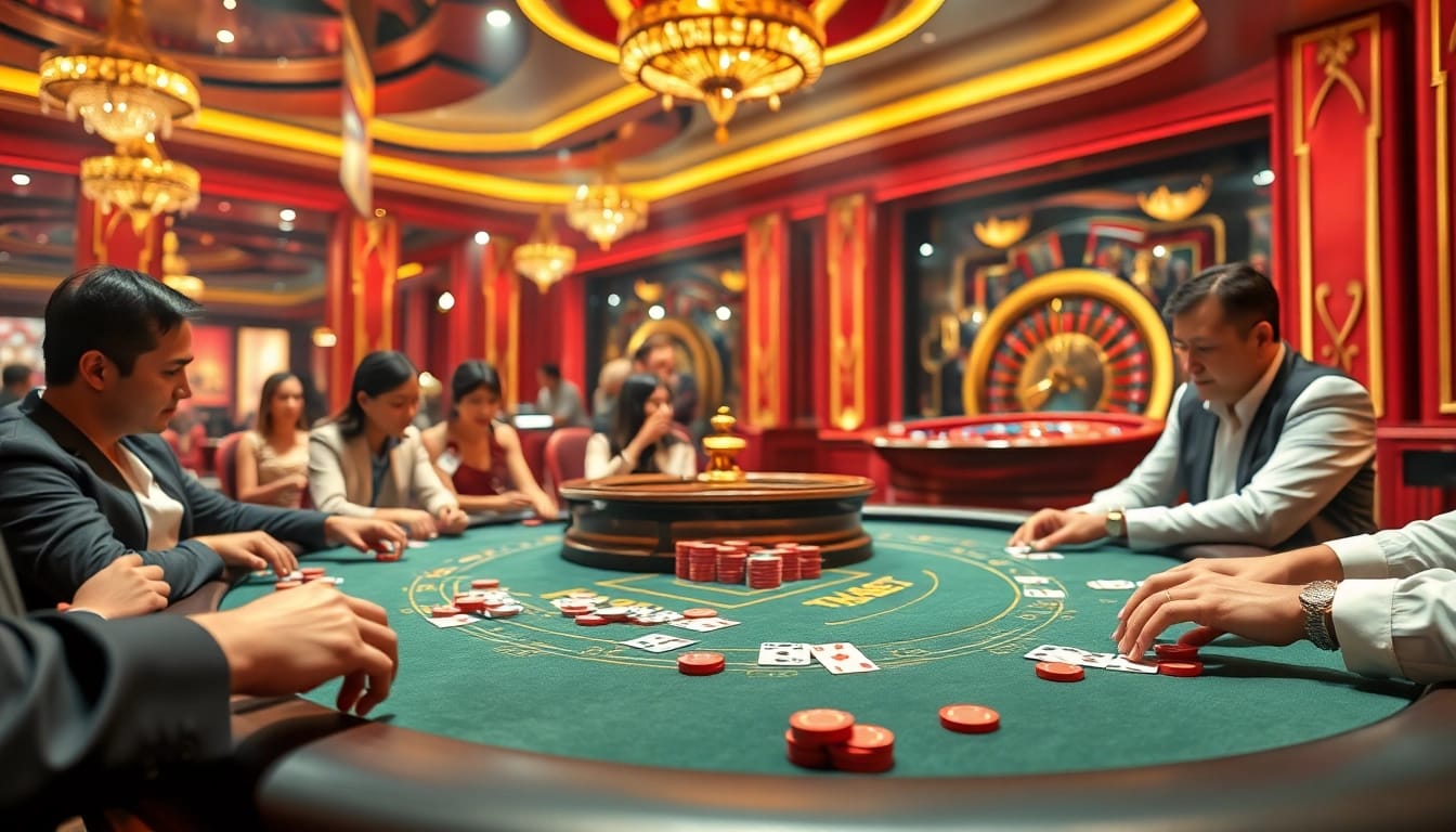 THABET poker table action with vibrant casino atmosphere showcasing excitement and luxury.