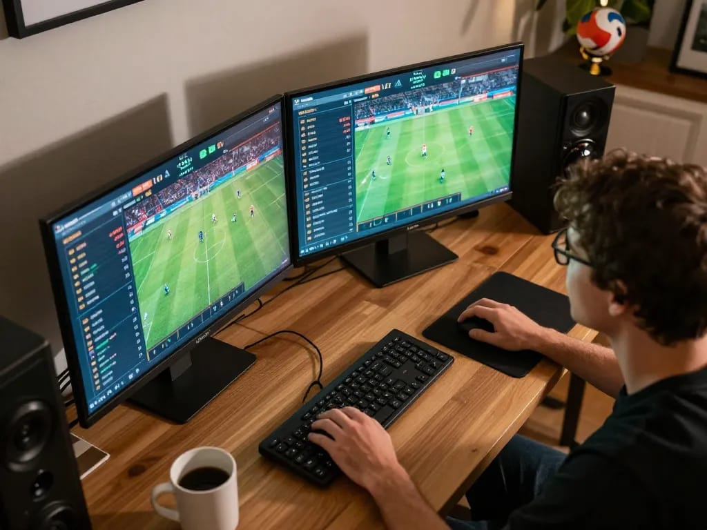Apostando em esportes em casa com 166bet em várias telas mostrando eventos ao vivo e odds