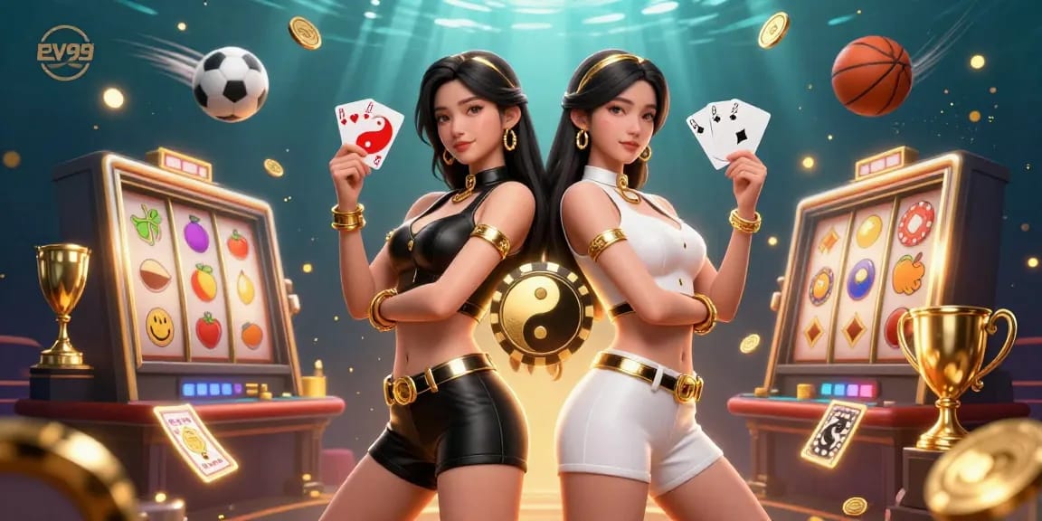 Experience the excitement of ev99's dynamic casino environment with stunning visuals of twin Asian women in an exhilarating gaming scene.
