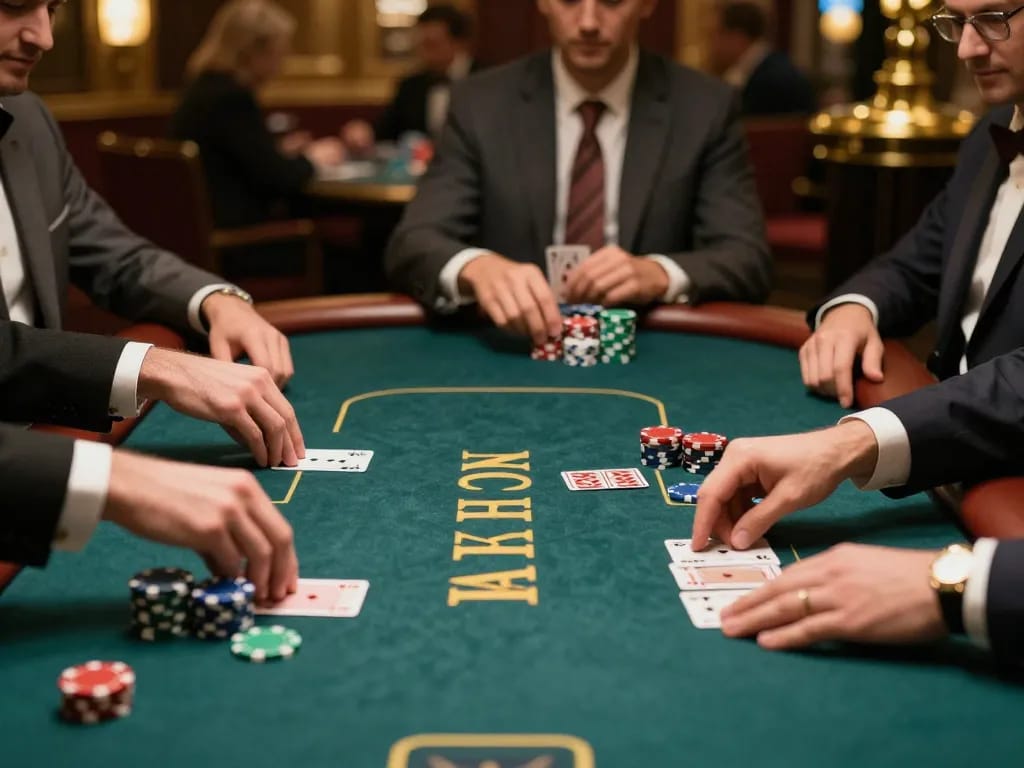 Engaged players participating in game bài at a luxurious casino poker table.