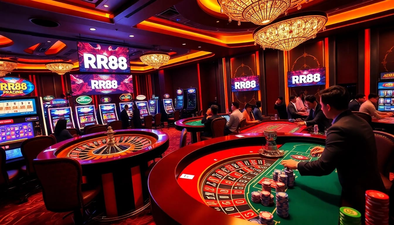 RR88 players enjoying an exciting casino experience with vibrant slot machines and roulette tables.