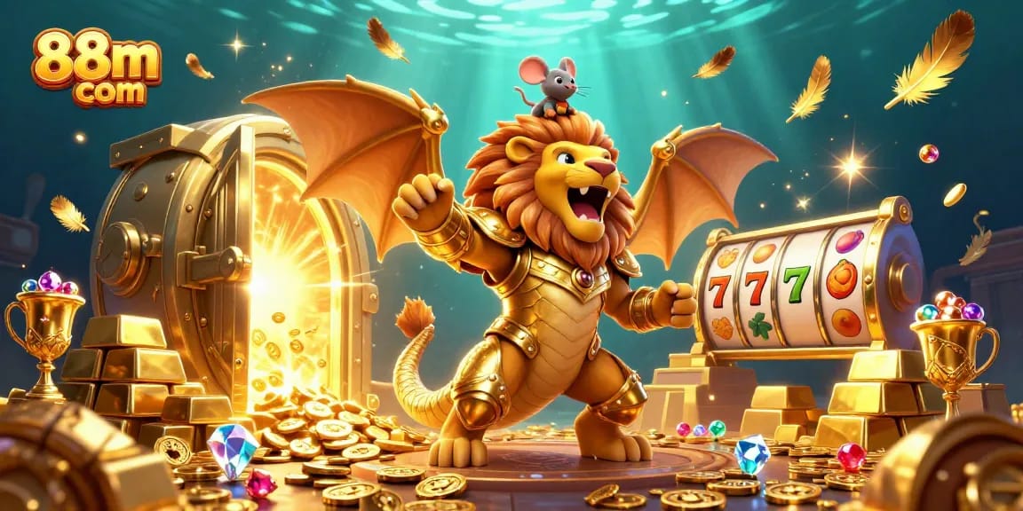 Experience excitement at 88m com with a vibrant casino scene featuring golden treasures and dynamic game elements.