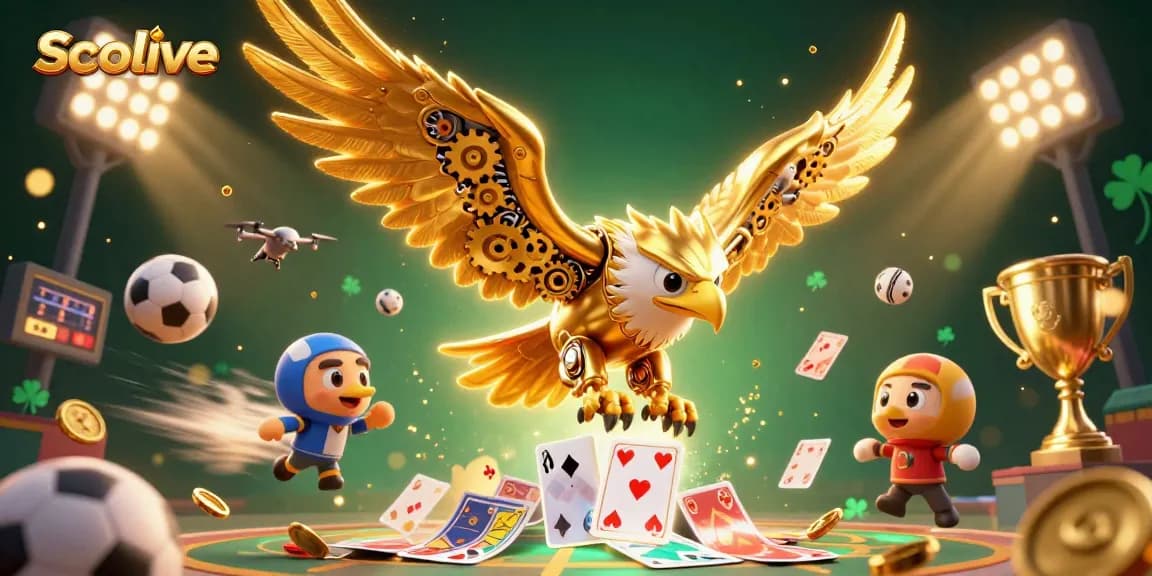 Socolive showcases a dynamic scene with a golden eagle diving through holographic cards amid sports elements and betting slips.