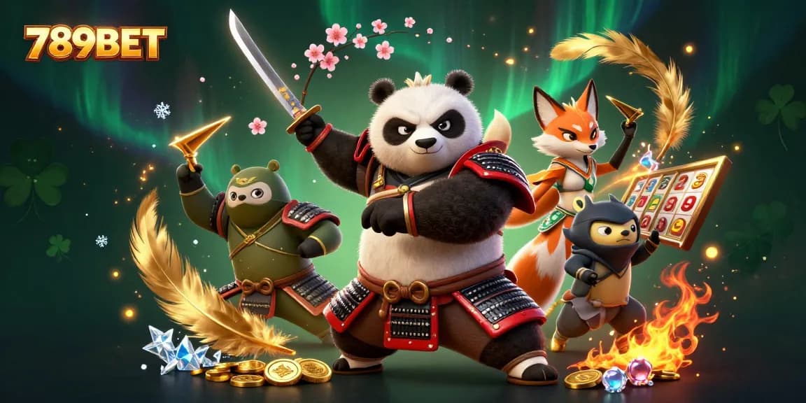 Engage with the vibrant universe of 789BET featuring dynamic samurai panda and ninja fox in a lively gaming scene.