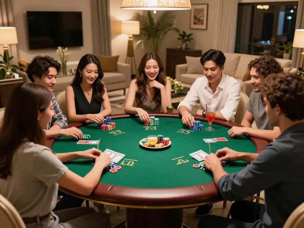 The atmosphere of a home poker night with friends engaging in strategic gameplay, showcasing the social and competitive aspects of nhà cái jun88.