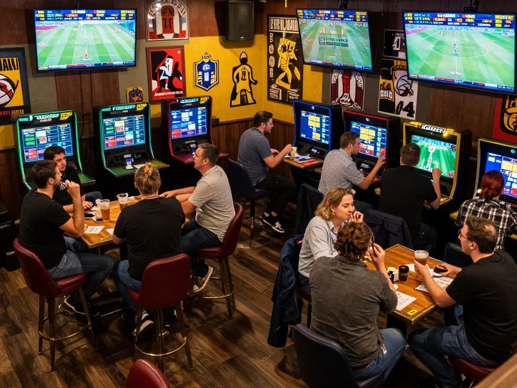 Excited sports bettors engaging with the KP88 app during live games, showcasing thrilling moments in a vibrant atmosphere